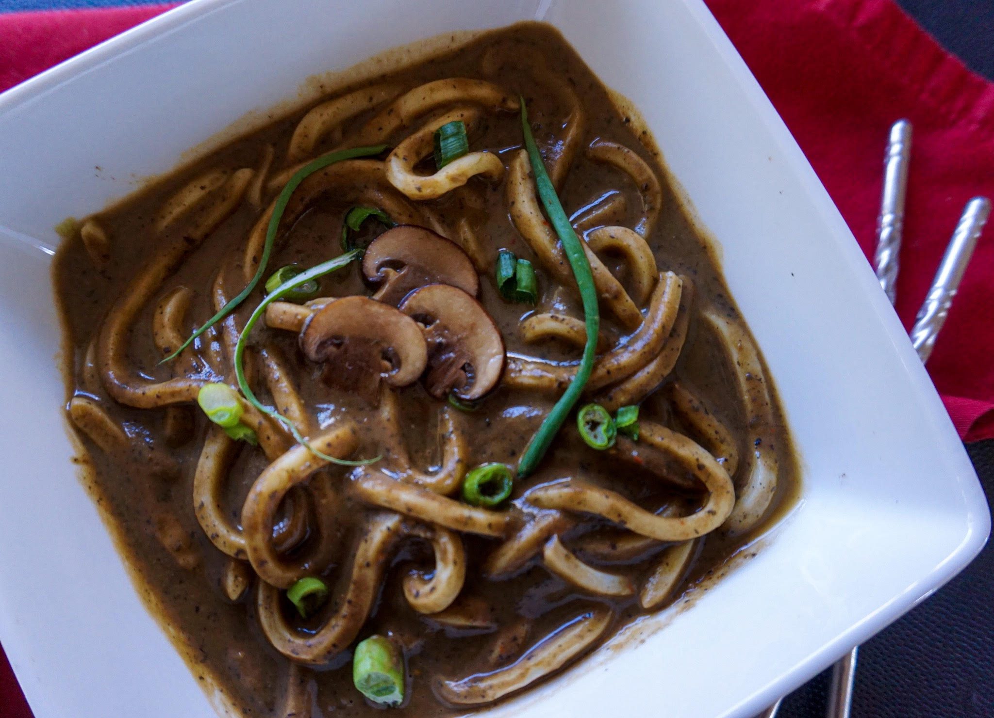 Black Beans and Mushrooms Udon Noodles Soup