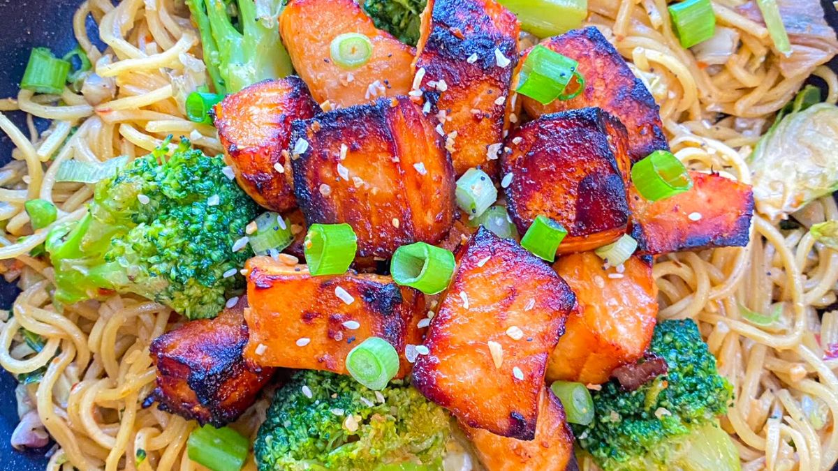 Honey Glazed Salmon over Noodles (Pancit Canton)